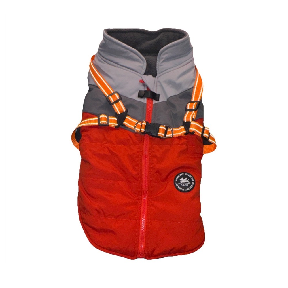 Norbi Warm High Visibility Dog Coat Jacket with Harness XL Polyester Red Gray